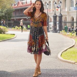 Johnny Was Mesh Overlay Jovie Embroidered Midi Dress